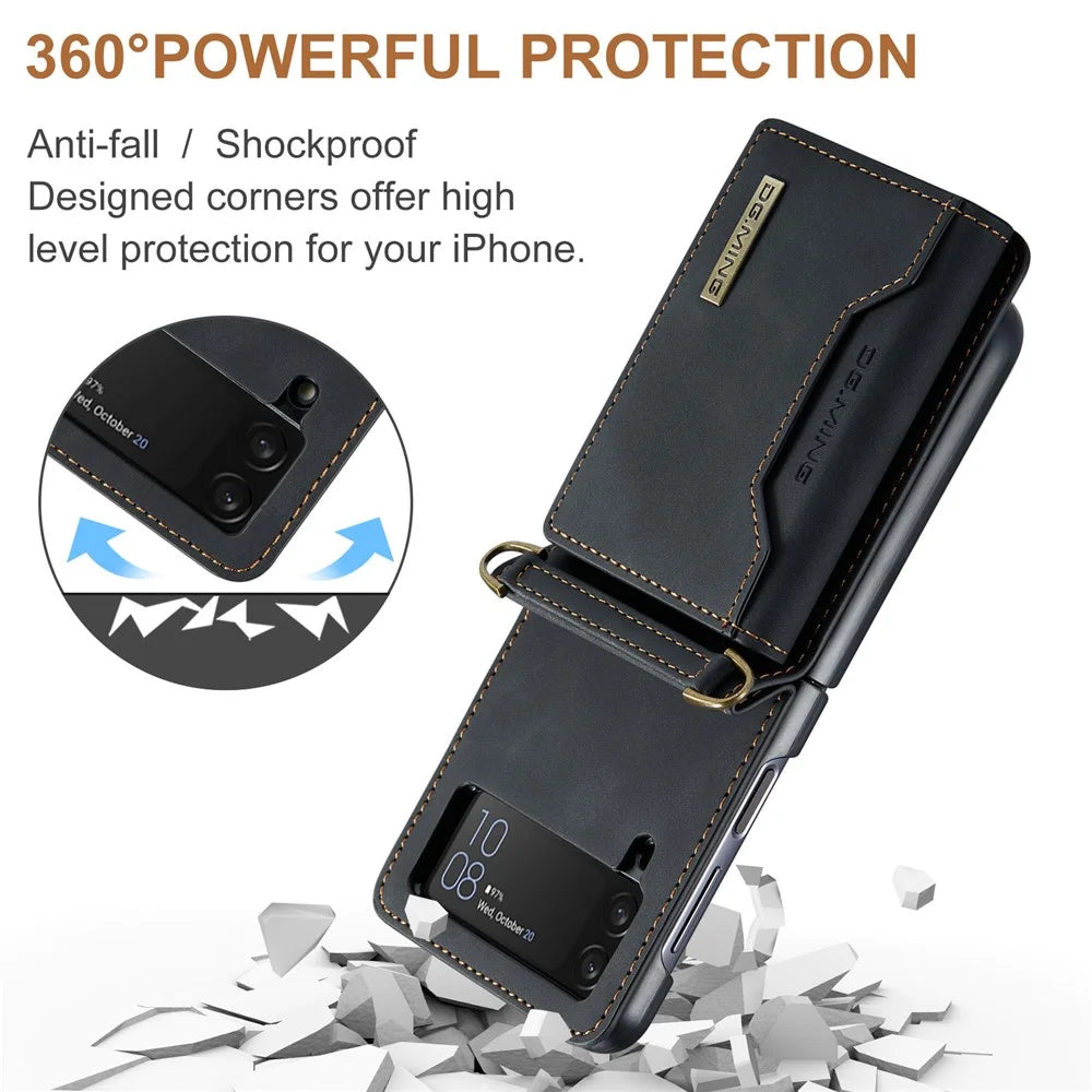DG.MING M2 Series for Samsung Galaxy Z Flip4 5G Magnetic Leather+PC Phone Case Kickstand Wallet Cover with Shoulder Strap - Black - 7