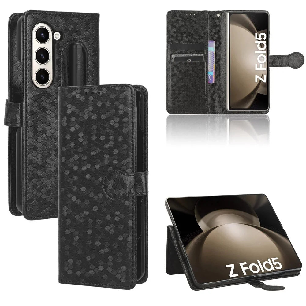 For Samsung Galaxy Z Fold5 5G PU Leather Wallet Case Dot Imprint Stand Phone Cover with Pen Holder - Black - 6