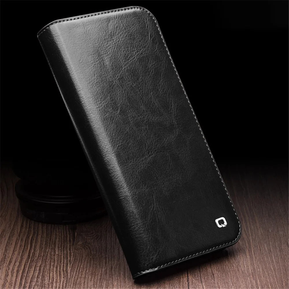 QIALINO For iPhone 15 Plus Anti-Drop Genuine Leather Phone Case Stand Full Wrapped Wallet Flip Cover - Black - 4