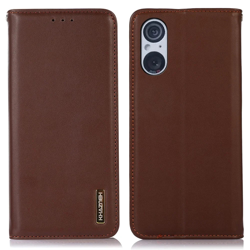 KHAZNEH For Sony Xperia 5 V Genuine Cow Leather Phone Case RFID Blocking Wallet Stand Cover - Brown - 1