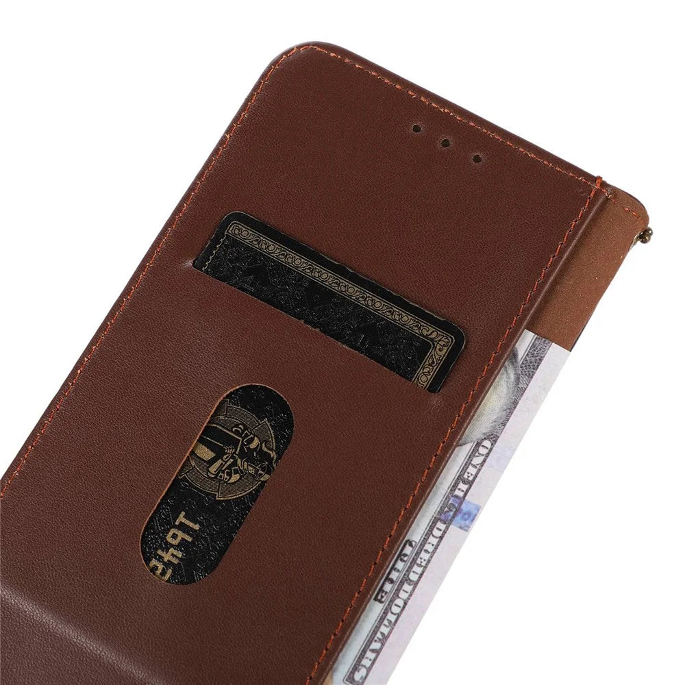 KHAZNEH For Sony Xperia 5 V Genuine Cow Leather Phone Case RFID Blocking Wallet Stand Cover - Brown - 5
