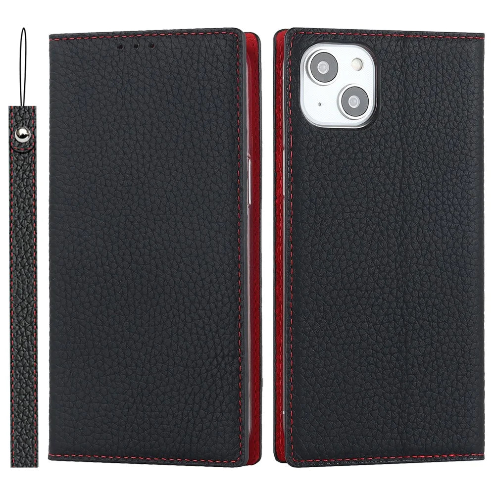 For iPhone 15 Plus Genuine Cow Leather Litchi Texture Phone Case Flip Wallet Stand Cover with Strap - Black - 1