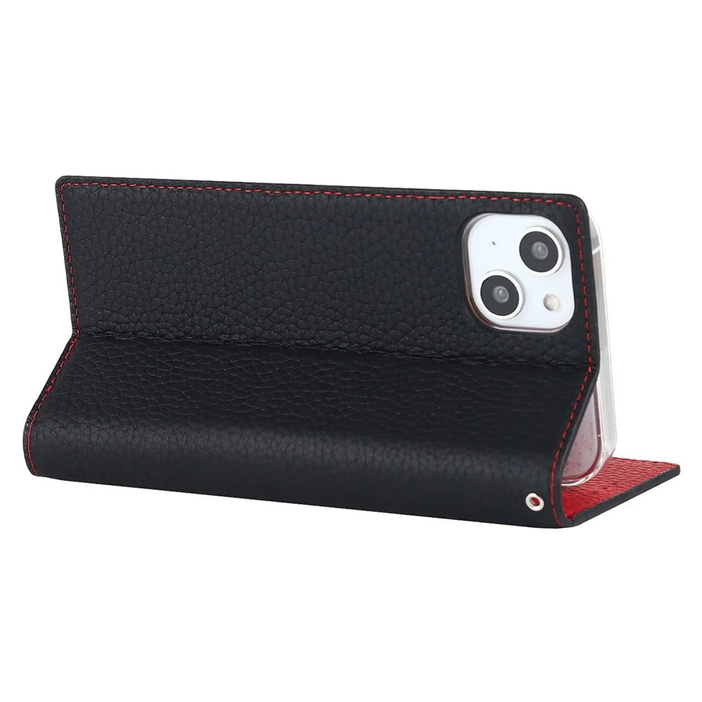 For iPhone 15 Plus Genuine Cow Leather Litchi Texture Phone Case Flip Wallet Stand Cover with Strap - Black - 4