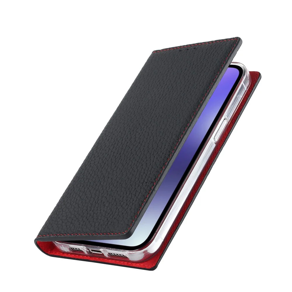 For iPhone 15 Plus Genuine Cow Leather Litchi Texture Phone Case Flip Wallet Stand Cover with Strap - Black - 6