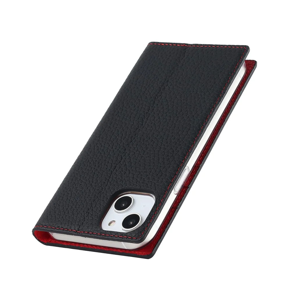 For iPhone 15 Plus Genuine Cow Leather Litchi Texture Phone Case Flip Wallet Stand Cover with Strap - Black - 7