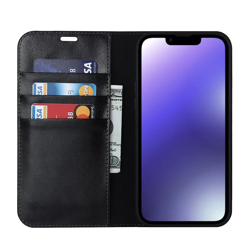 For iPhone 15 Plus Crazy Horse Texture Flip Stand Wallet Cover Genuine Cow Leather Phone Case - Black - 2