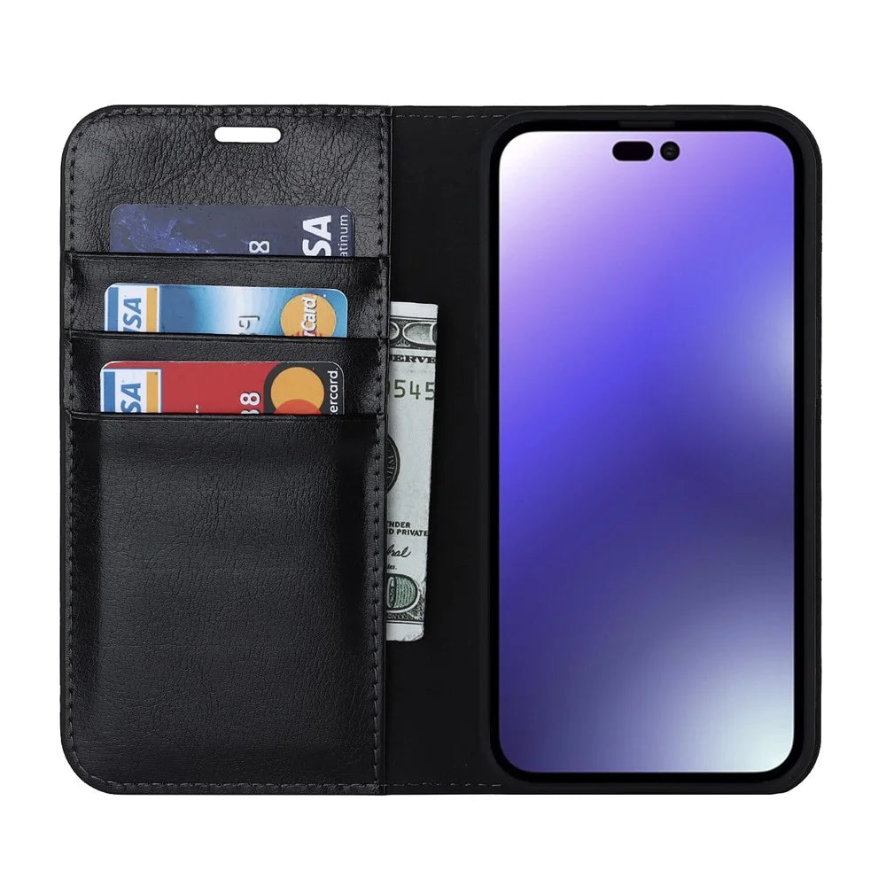 For iPhone 15 Pro Max Crazy Horse Texture Wallet Phone Cover Genuine Cow Leather Stand Case - Black - 2