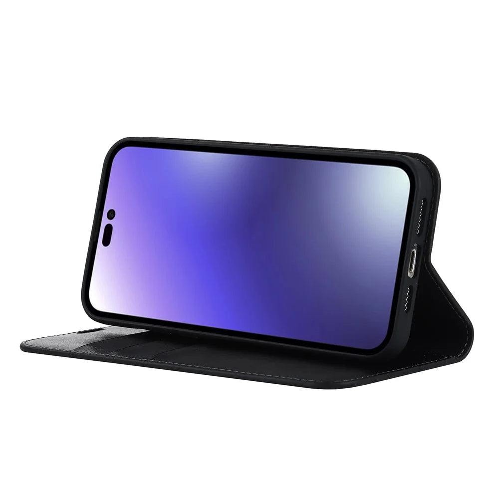 For iPhone 15 Pro Max Crazy Horse Texture Wallet Phone Cover Genuine Cow Leather Stand Case - Black - 3