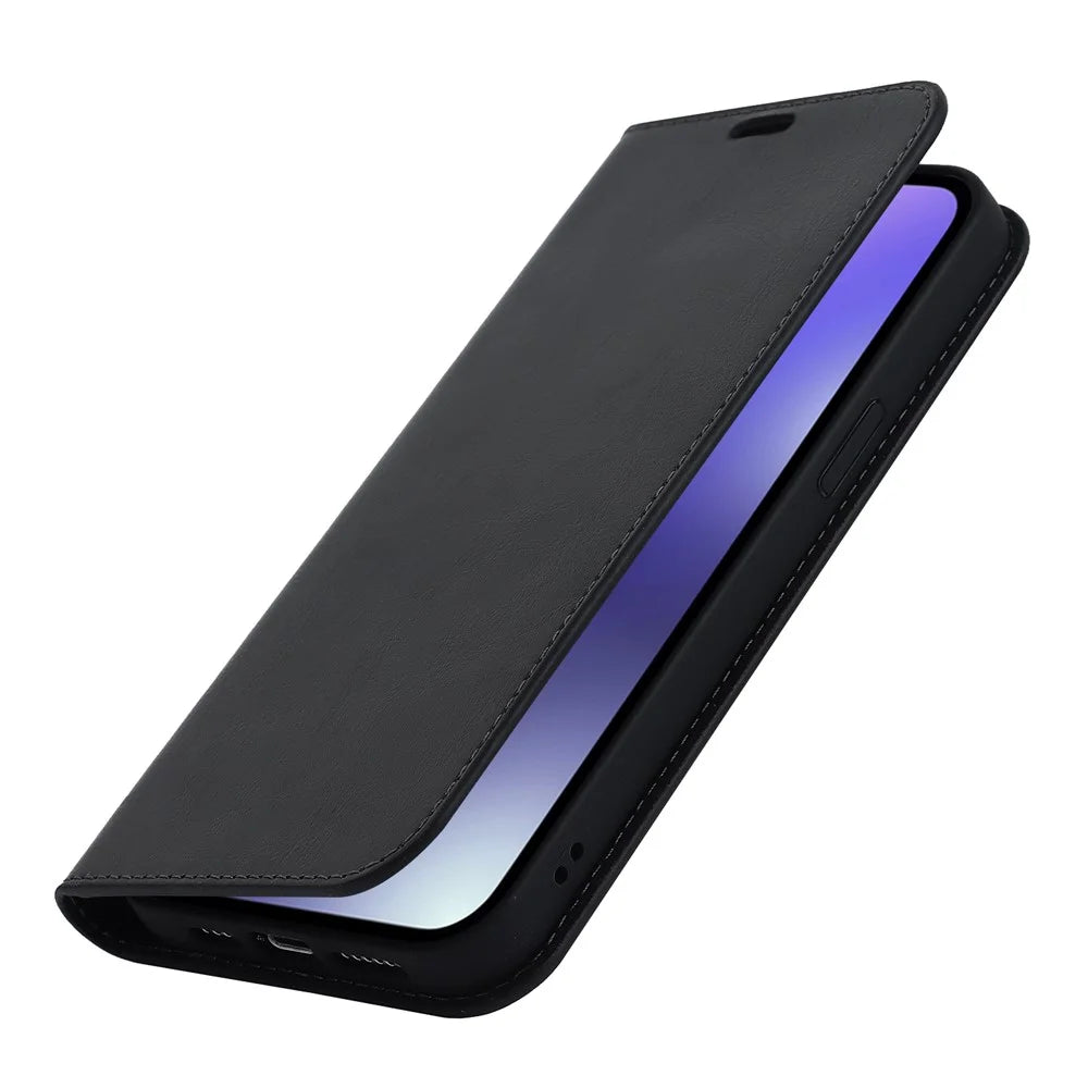 For iPhone 15 Pro Max Crazy Horse Texture Wallet Phone Cover Genuine Cow Leather Stand Case - Black - 7