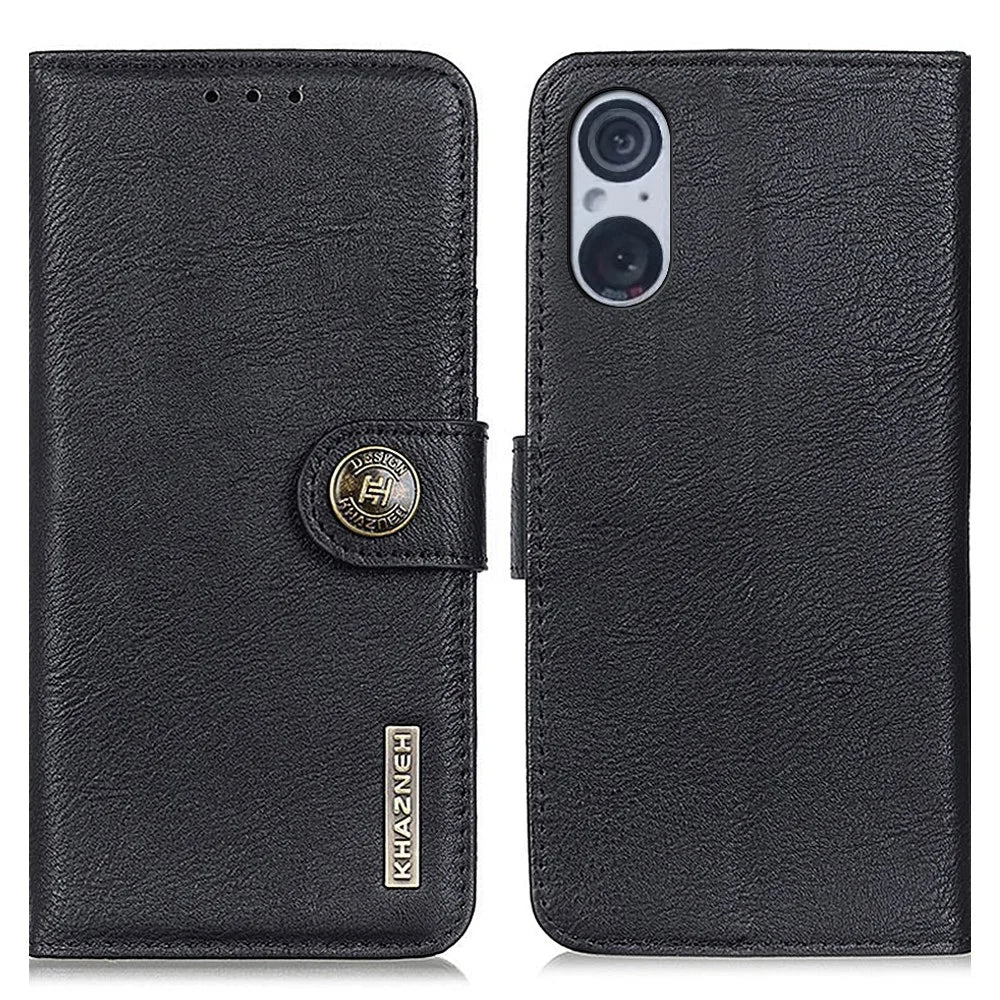 KHAZNEH For Sony Xperia 5 V Cowhide Texture Shockproof Case PU Leather Stand Wallet Phone Cover - Black - 1