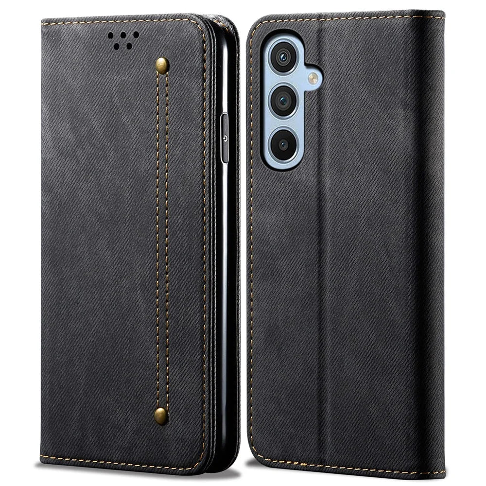 For Samsung Galaxy M34 5G / F34 5G Jeans Cloth Texture Phone Stand Cover Wallet Phone Case PU Leather Shell - Black - 1