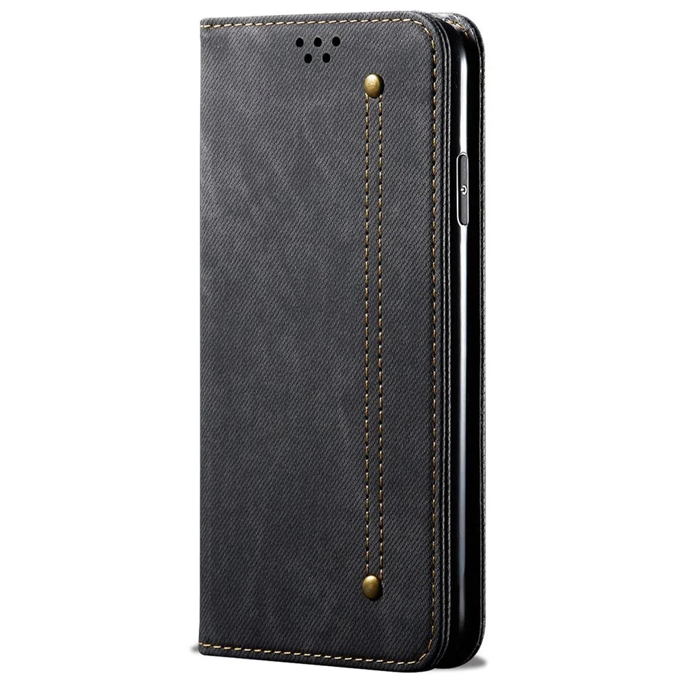 For Samsung Galaxy M34 5G / F34 5G Jeans Cloth Texture Phone Stand Cover Wallet Phone Case PU Leather Shell - Black - 5