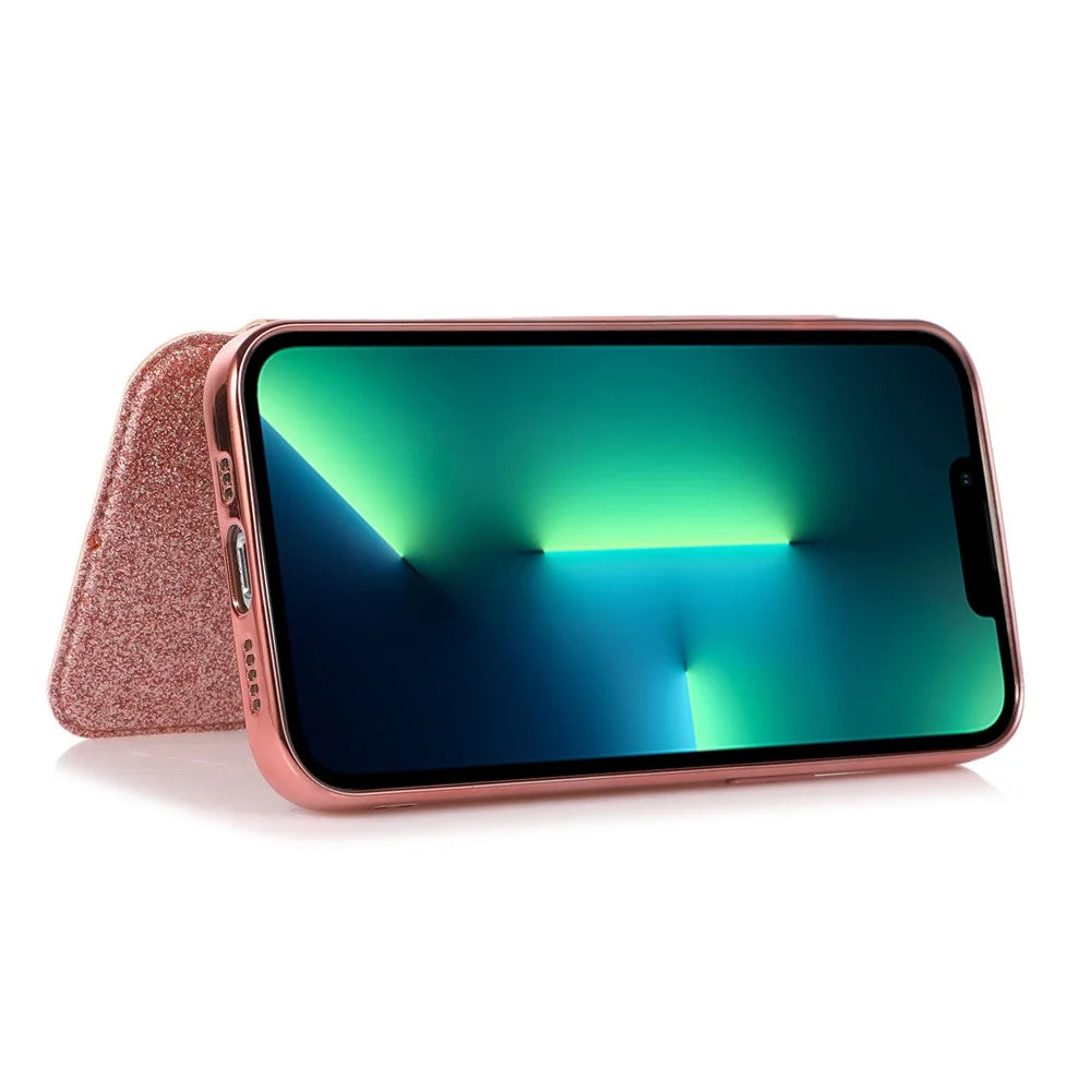 Card Holder Stand Case for iPhone 15 , Glitter Powder PU Leather+TPU Transparent Phone Cover - Rose Gold - 3