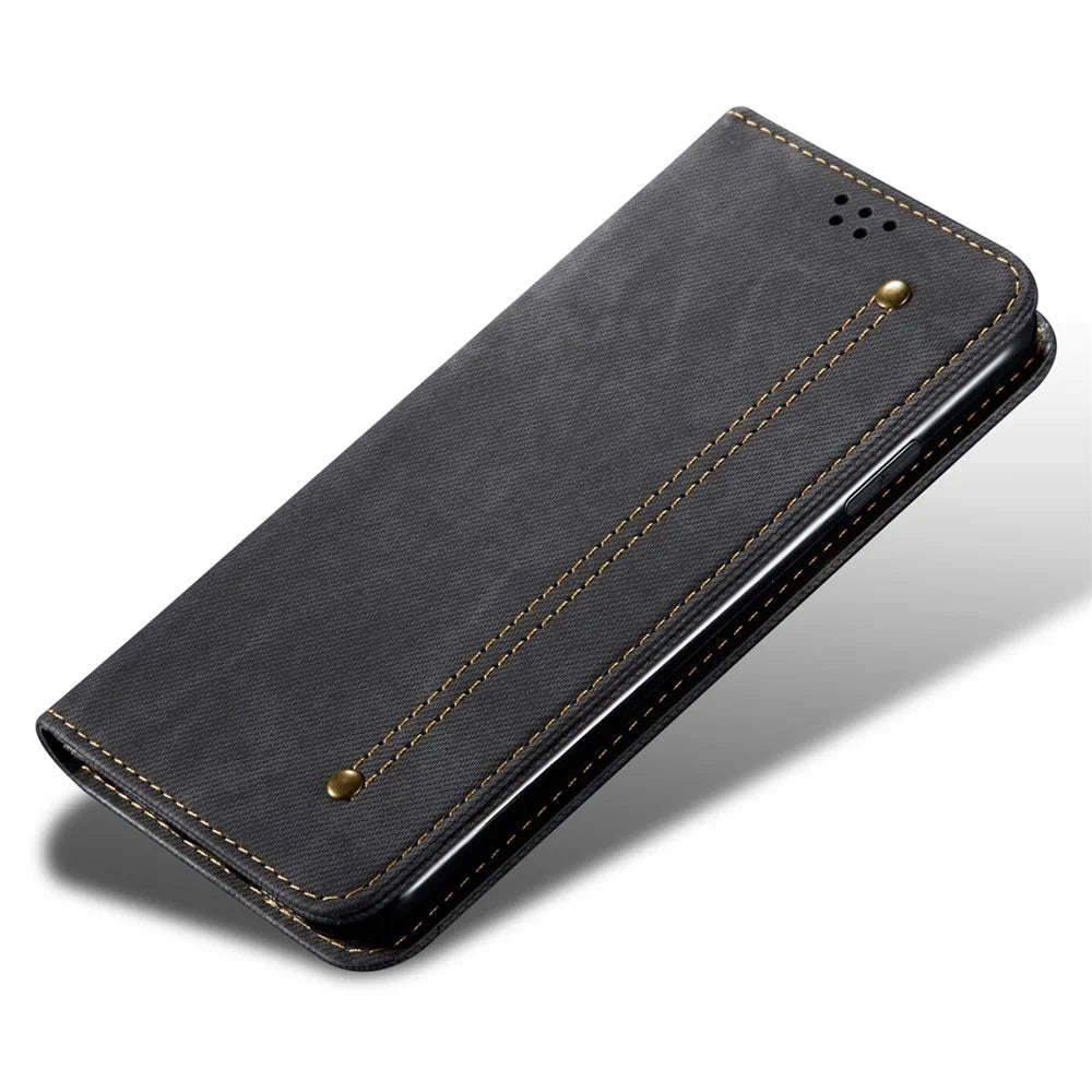 For Realme 11x 5G / 11 5G (Global) Jeans Cloth Texture Phone Stand Cover PU Leather Wallet Case - Black - 4
