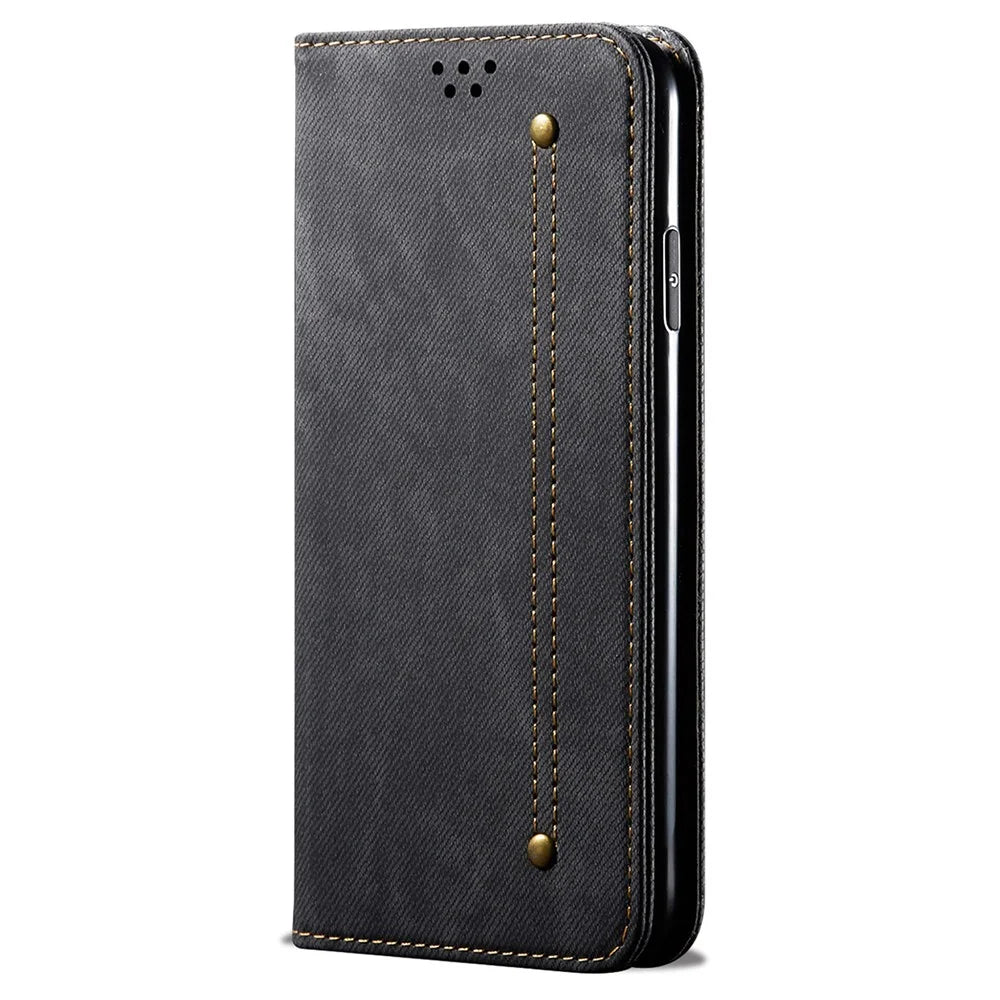 For Realme 11x 5G / 11 5G (Global) Jeans Cloth Texture Phone Stand Cover PU Leather Wallet Case - Black - 5