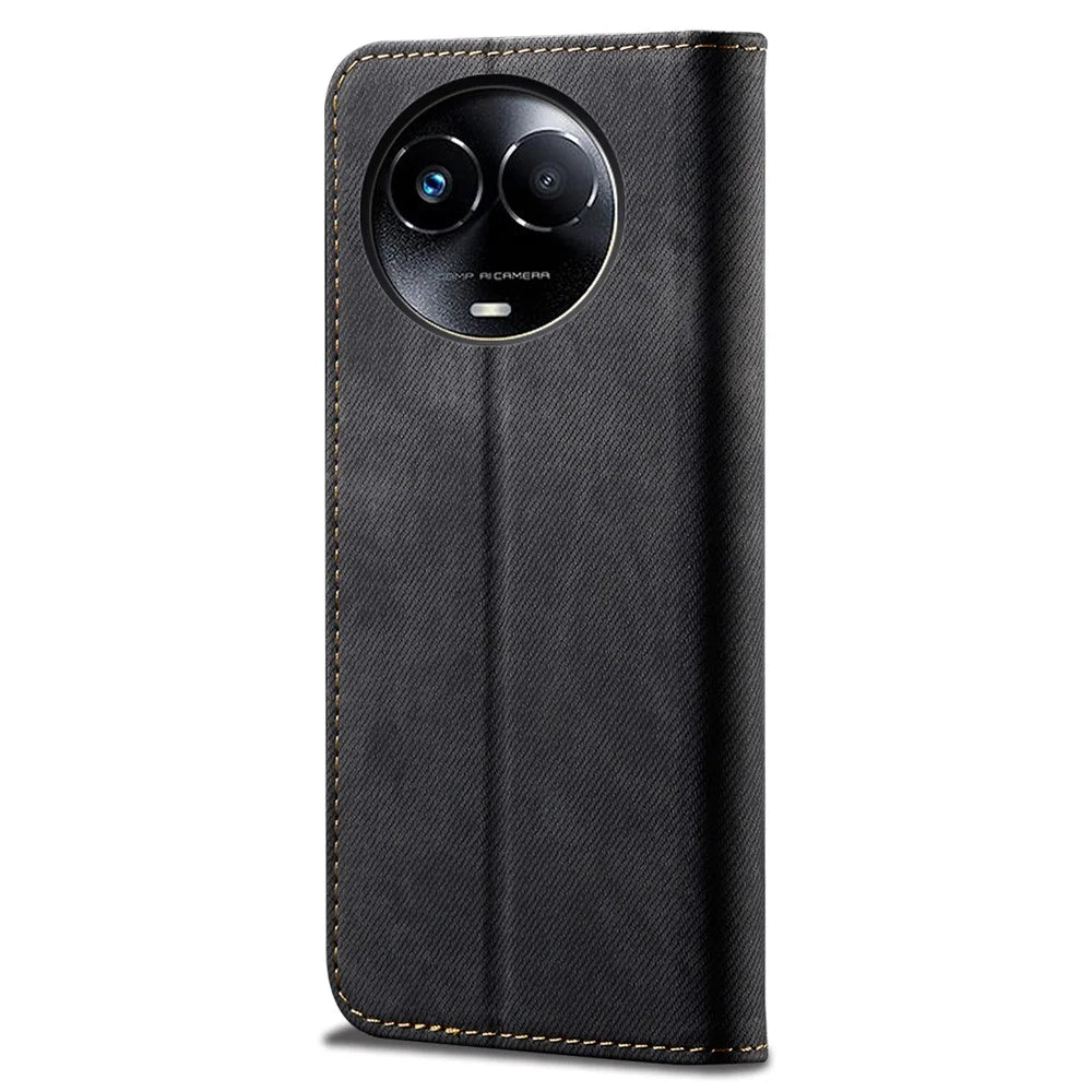 For Realme 11x 5G / 11 5G (Global) Jeans Cloth Texture Phone Stand Cover PU Leather Wallet Case - Black - 6