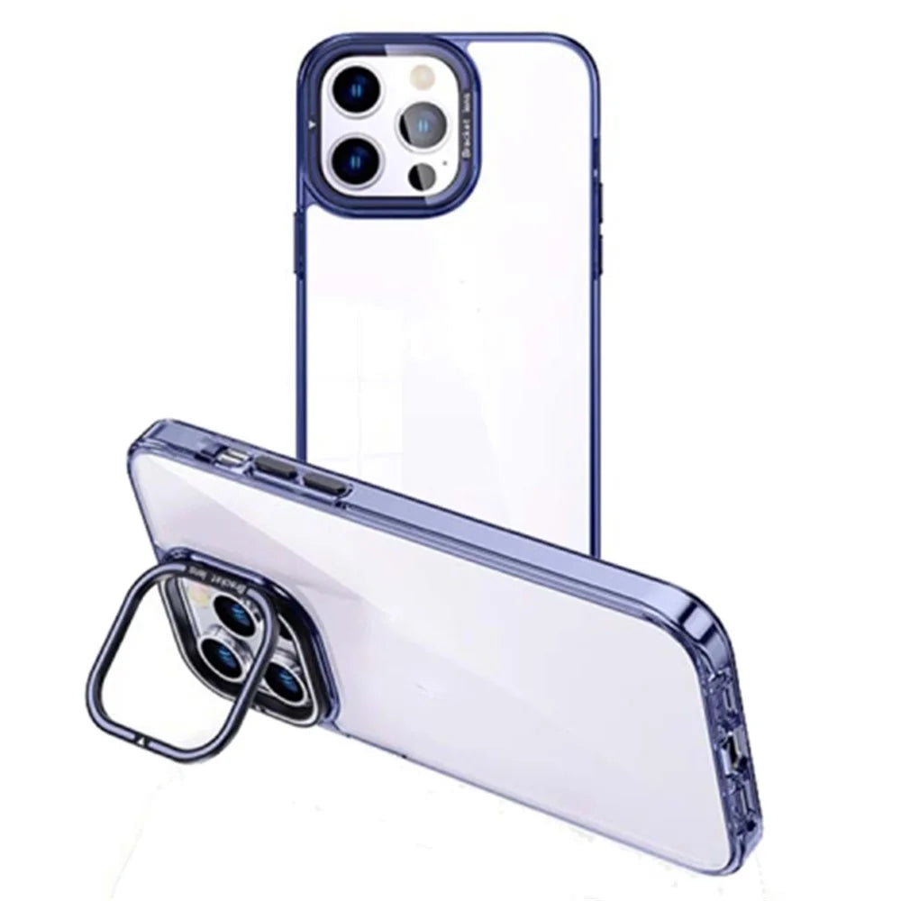 For iPhone 15 Anti-scratch Transparent TPU Phone Case Kickstand Electroplating Mobile Back Cover - Blue - 1