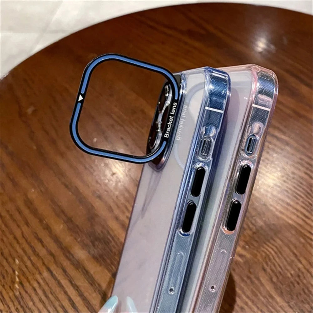For iPhone 15 Anti-scratch Transparent TPU Phone Case Kickstand Electroplating Mobile Back Cover - Blue - 4