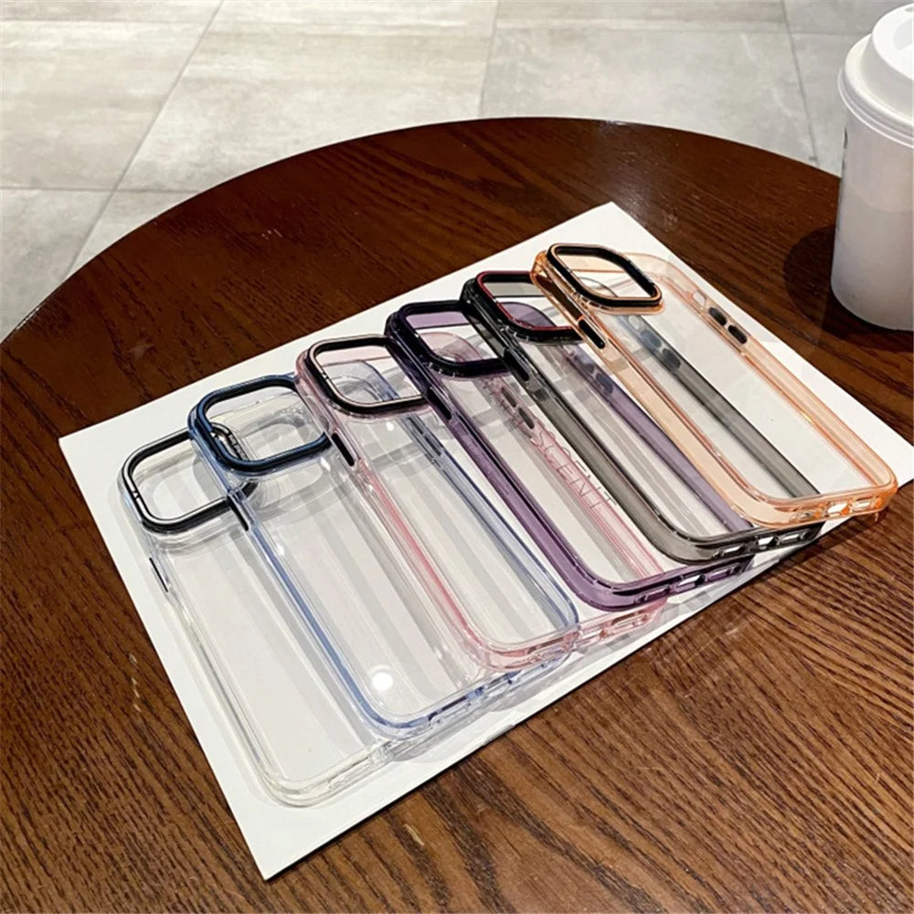 For iPhone 15 Anti-scratch Transparent TPU Phone Case Kickstand Electroplating Mobile Back Cover - Blue - 7