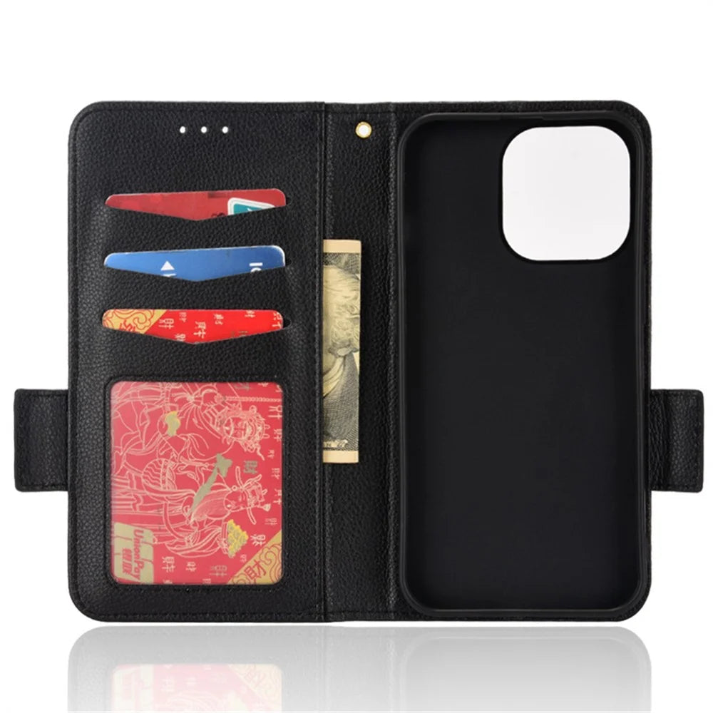 For iPhone 15 Drop Proof PU Leather Phone Case Litchi Texture Stand Wallet Phone Cover - Black - 4