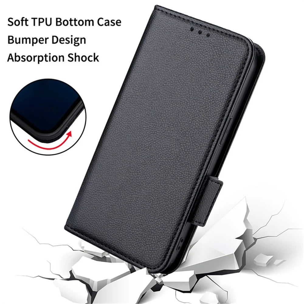 For iPhone 15 Drop Proof PU Leather Phone Case Litchi Texture Stand Wallet Phone Cover - Black - 6