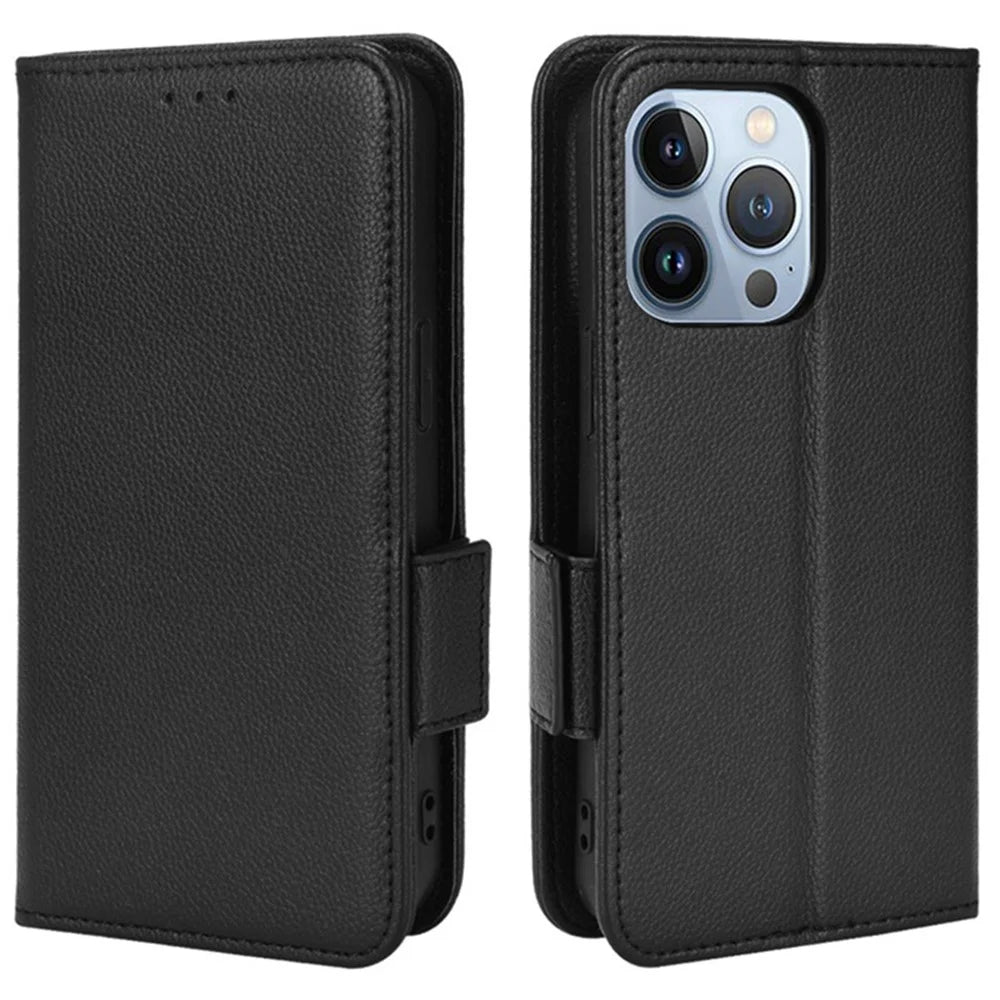 For iPhone 15 Pro Folio Flip PU Leather Phone Case Litchi Texture Stand Wallet Phone Cover - Black - 1