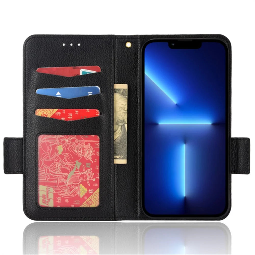 For iPhone 15 Pro Folio Flip PU Leather Phone Case Litchi Texture Stand Wallet Phone Cover - Black - 2