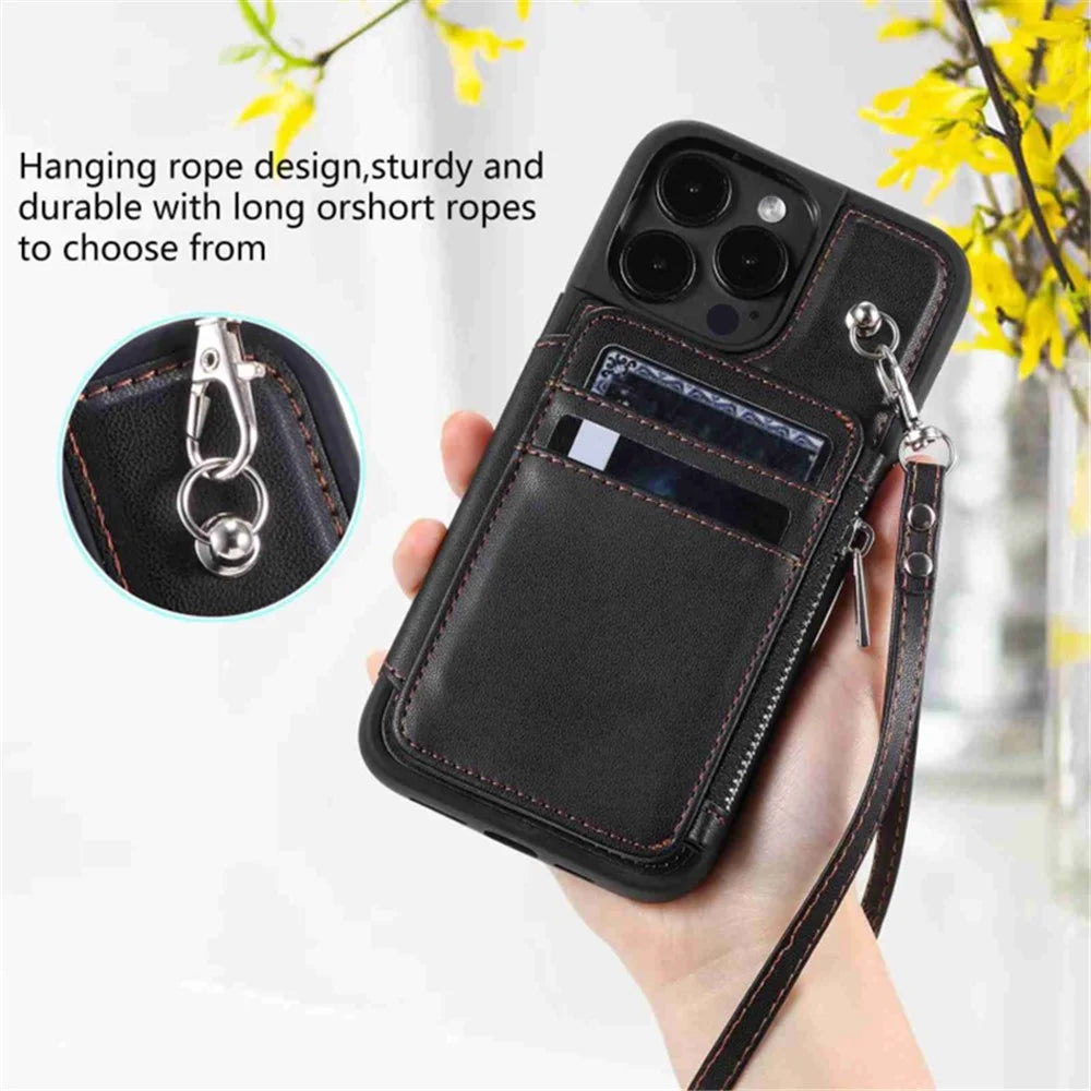 For iPhone 15 Pro Max RFID Blocking Wallet Phone Case Shockproof PU Leather+TPU Cover with Wrist Strap - Black - 5