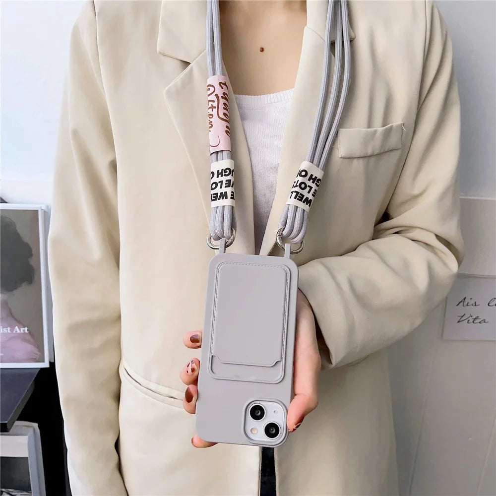 For iPhone 15 Card Holder Phone Case Soft Liquid Silicone Shockproof Cover with Strap - Grey - 2