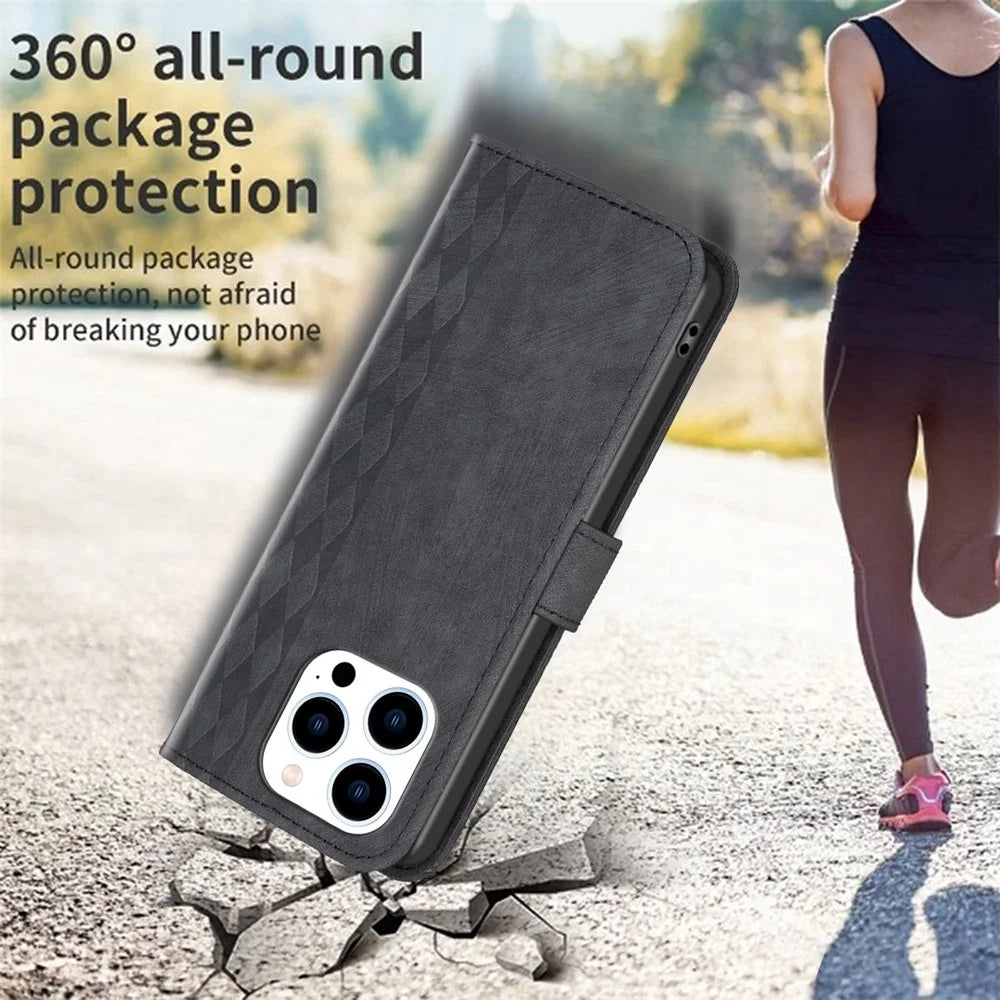 For iPhone 15 Pro Max Rhombus Imprinted PU Leather Case Stand Wallet Phone Cover - Black - 6