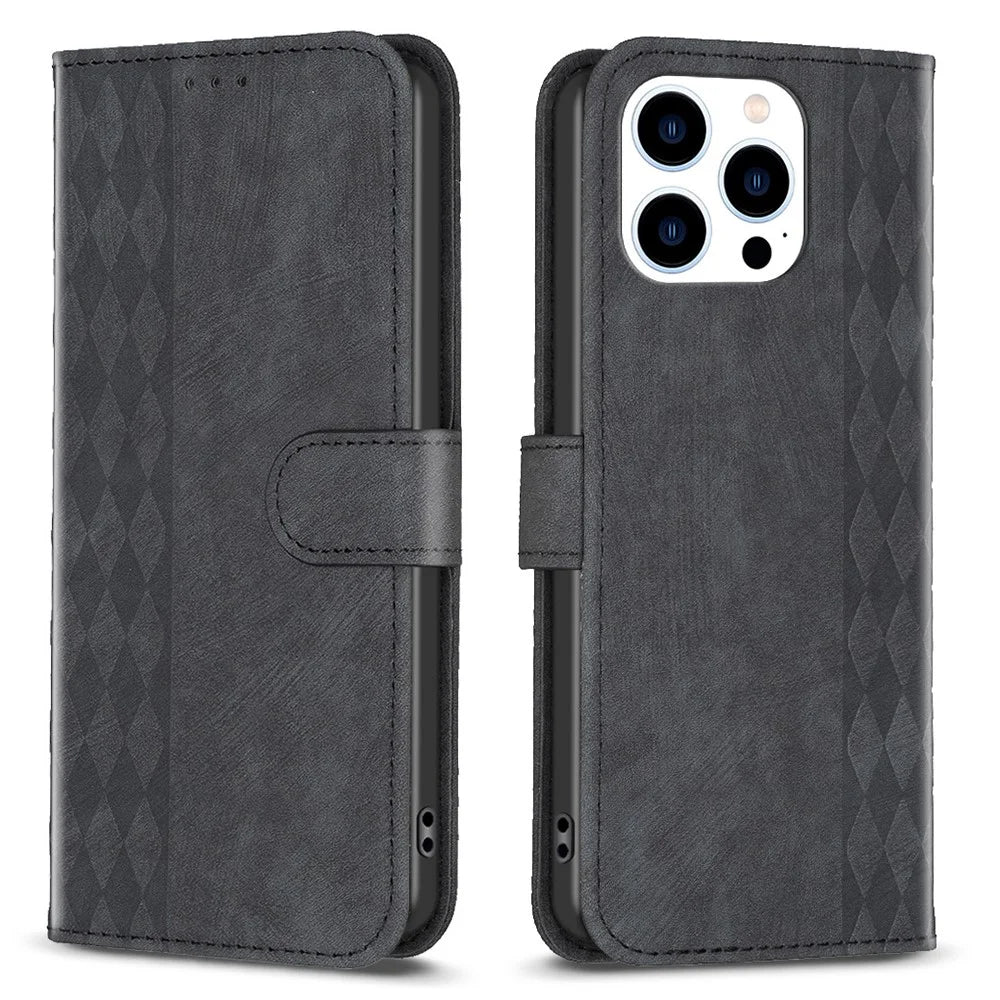 For iPhone 15 Pro Rhombus Imprinted PU Leather Case Fall Protection Stand Wallet Phone Cover - Black - 1