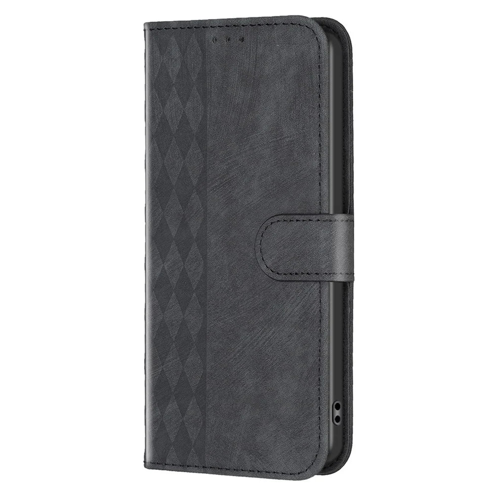 For iPhone 15 Pro Rhombus Imprinted PU Leather Case Fall Protection Stand Wallet Phone Cover - Black - 7
