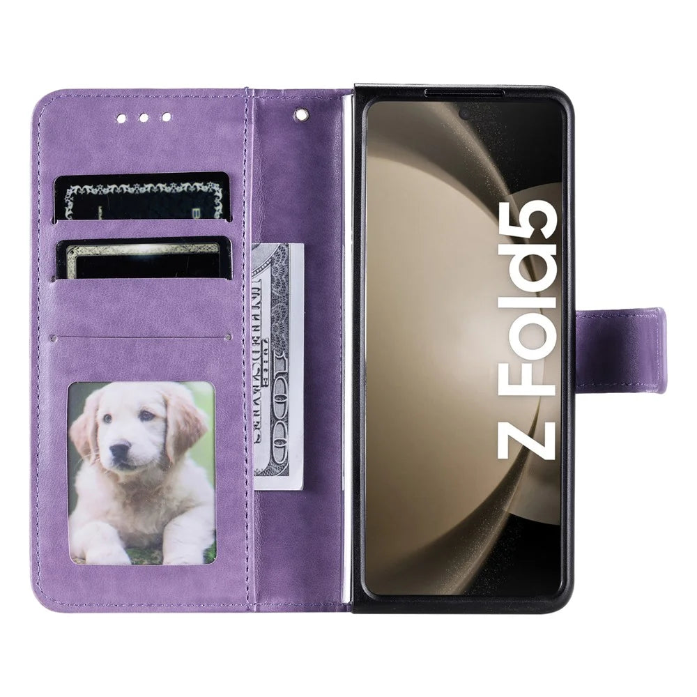 For Samsung Galaxy Z Fold5 5G Leather Wallet Case Mandala Flower Imprinted Phone Stand Cover with Strap - Purple - 2