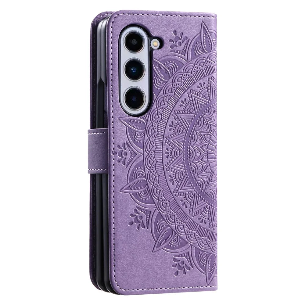 For Samsung Galaxy Z Fold5 5G Leather Wallet Case Mandala Flower Imprinted Phone Stand Cover with Strap - Purple - 5
