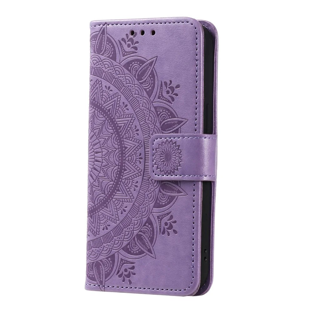 For Samsung Galaxy Z Fold5 5G Leather Wallet Case Mandala Flower Imprinted Phone Stand Cover with Strap - Purple - 6