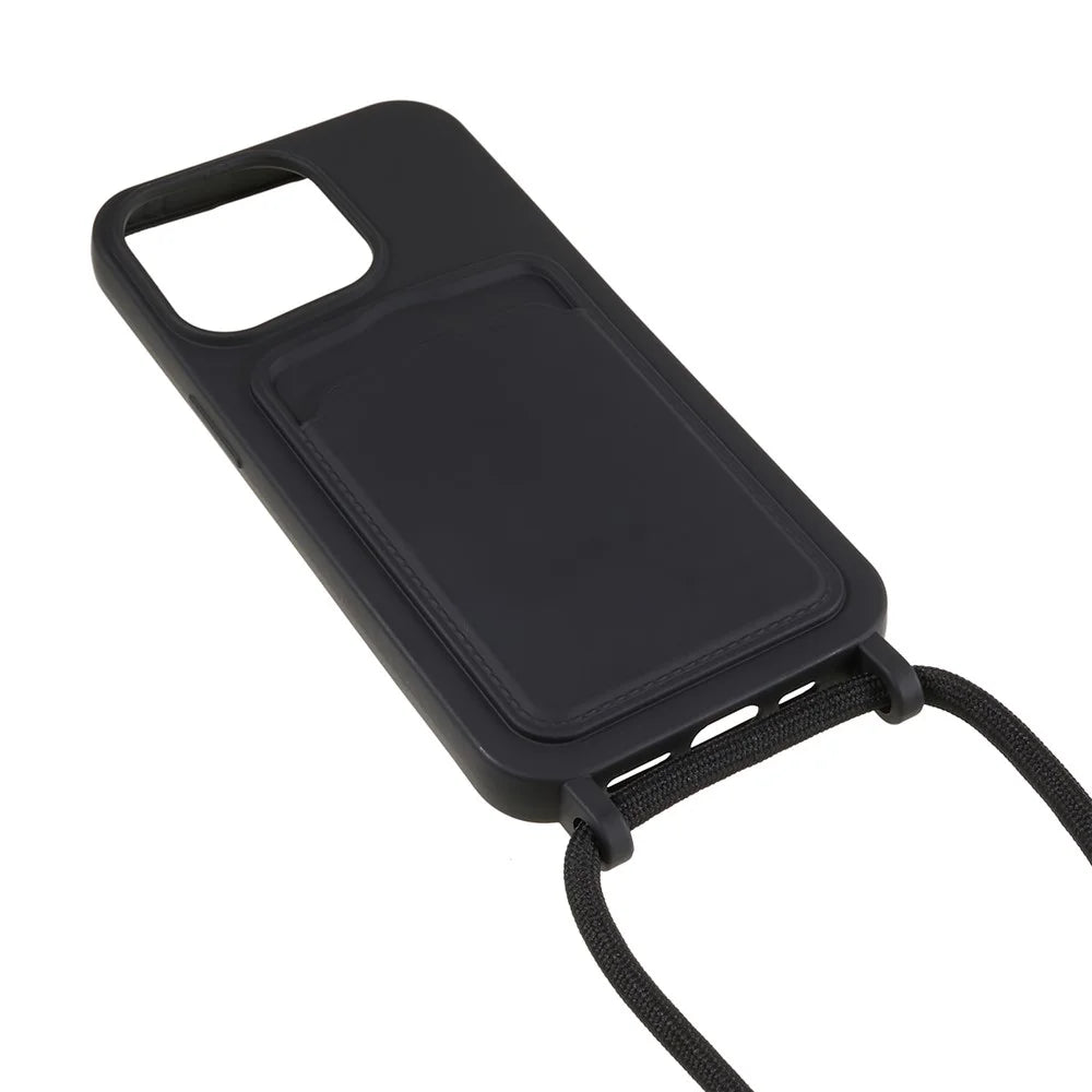 For iPhone 15 Pro Liquid Silicone Card Slot Cover Anti Scratch Protection Phone Case with Strap - Black - 3