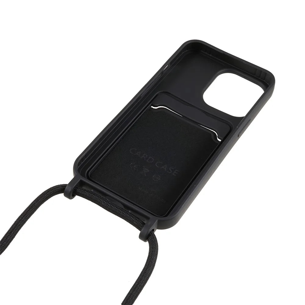 For iPhone 15 Pro Liquid Silicone Card Slot Cover Anti Scratch Protection Phone Case with Strap - Black - 4