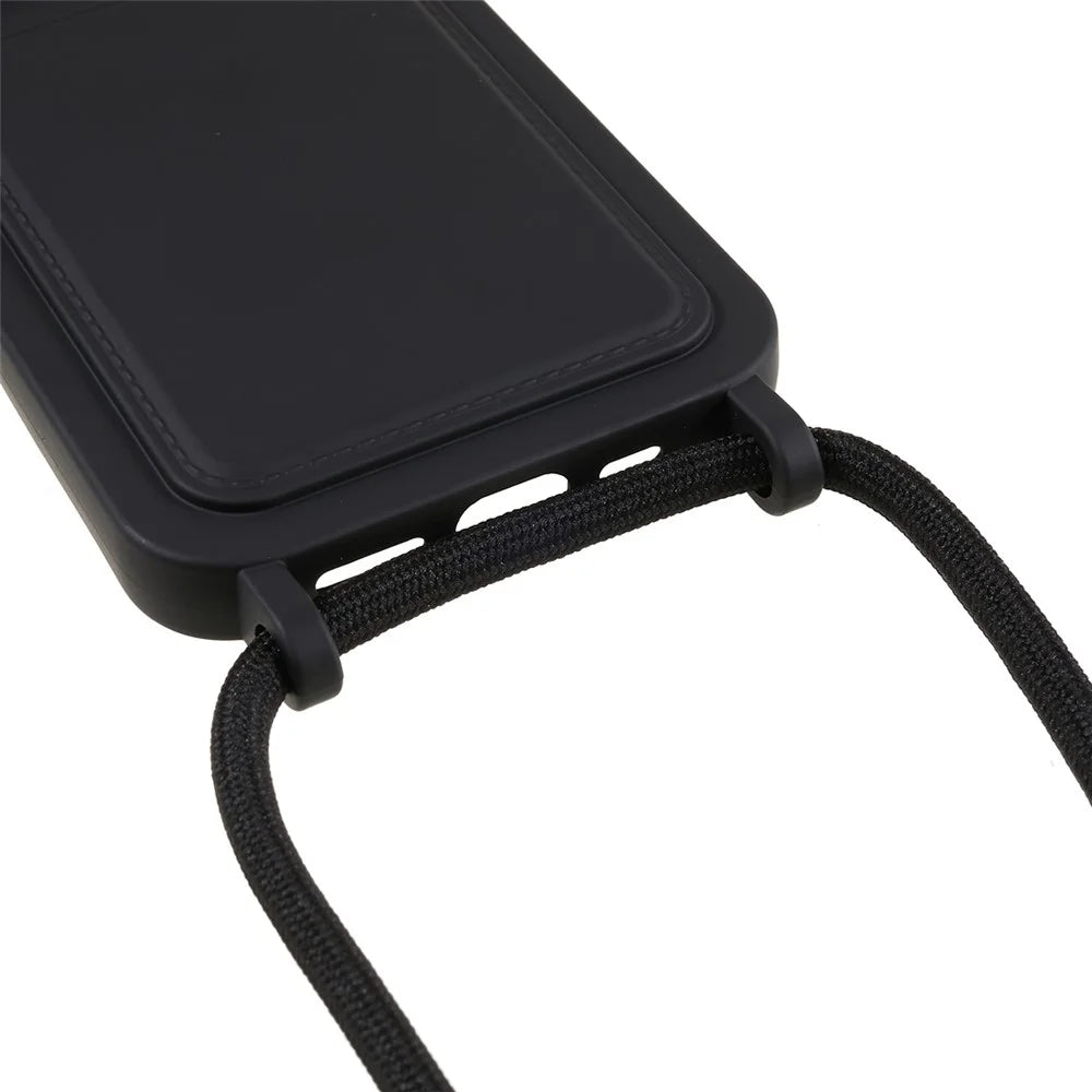 For iPhone 15 Pro Liquid Silicone Card Slot Cover Anti Scratch Protection Phone Case with Strap - Black - 6