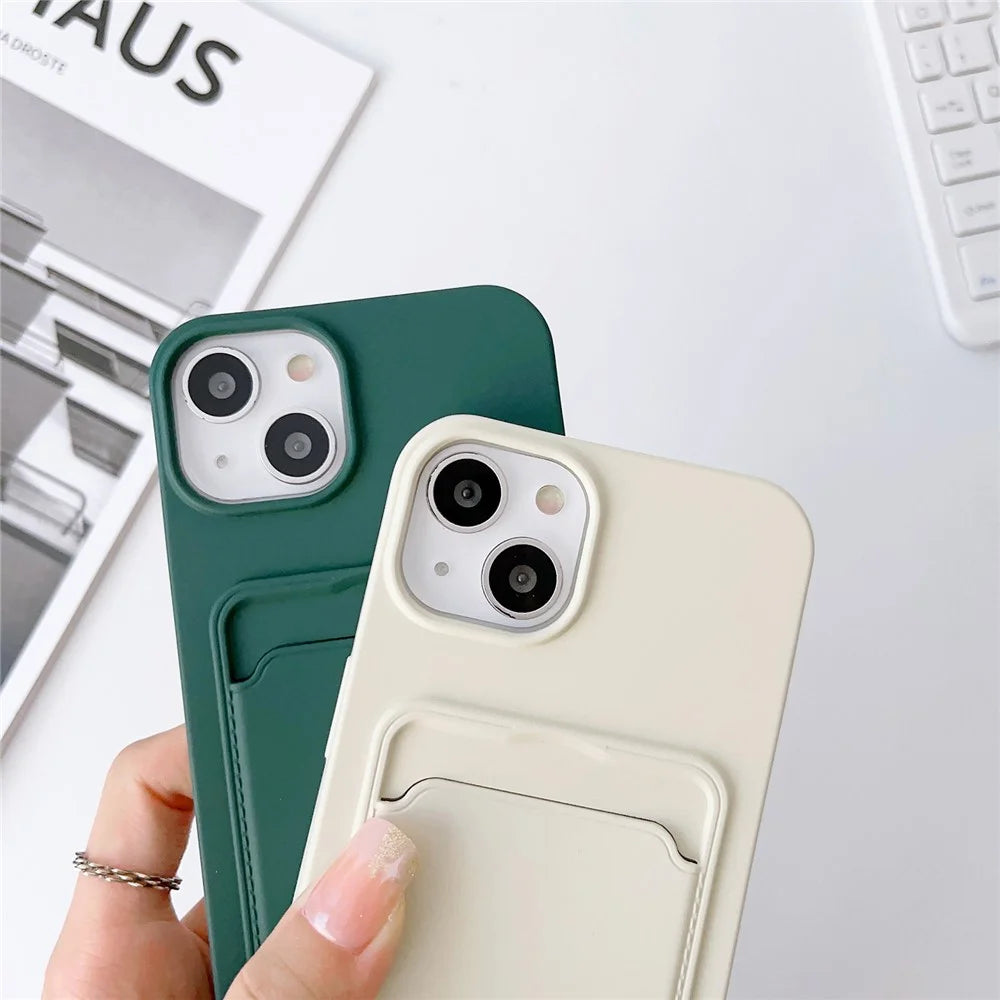 For iPhone 15 Plus Soft Liquid Silicone Case Card Holder Scratchproof Protective Cover with Strap - Midnight Green - 2