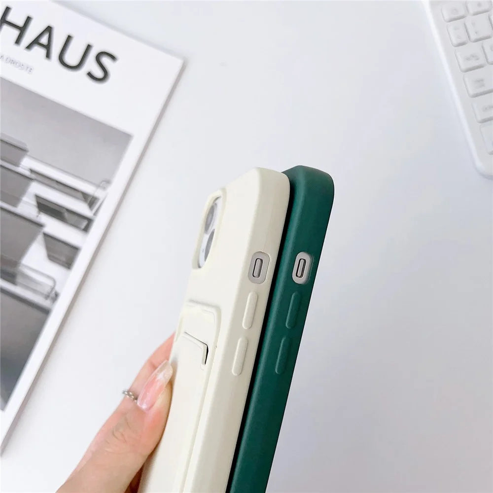 For iPhone 15 Plus Soft Liquid Silicone Case Card Holder Scratchproof Protective Cover with Strap - Midnight Green - 3