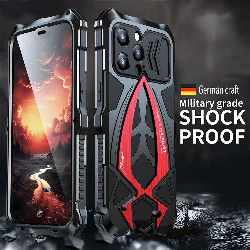 LUPHIE All-Inclusive Protection Phone Case for iPhone 15 Pro Sports Car Design Metal+TPU Case with Screen Film - Black  /  Red - 2