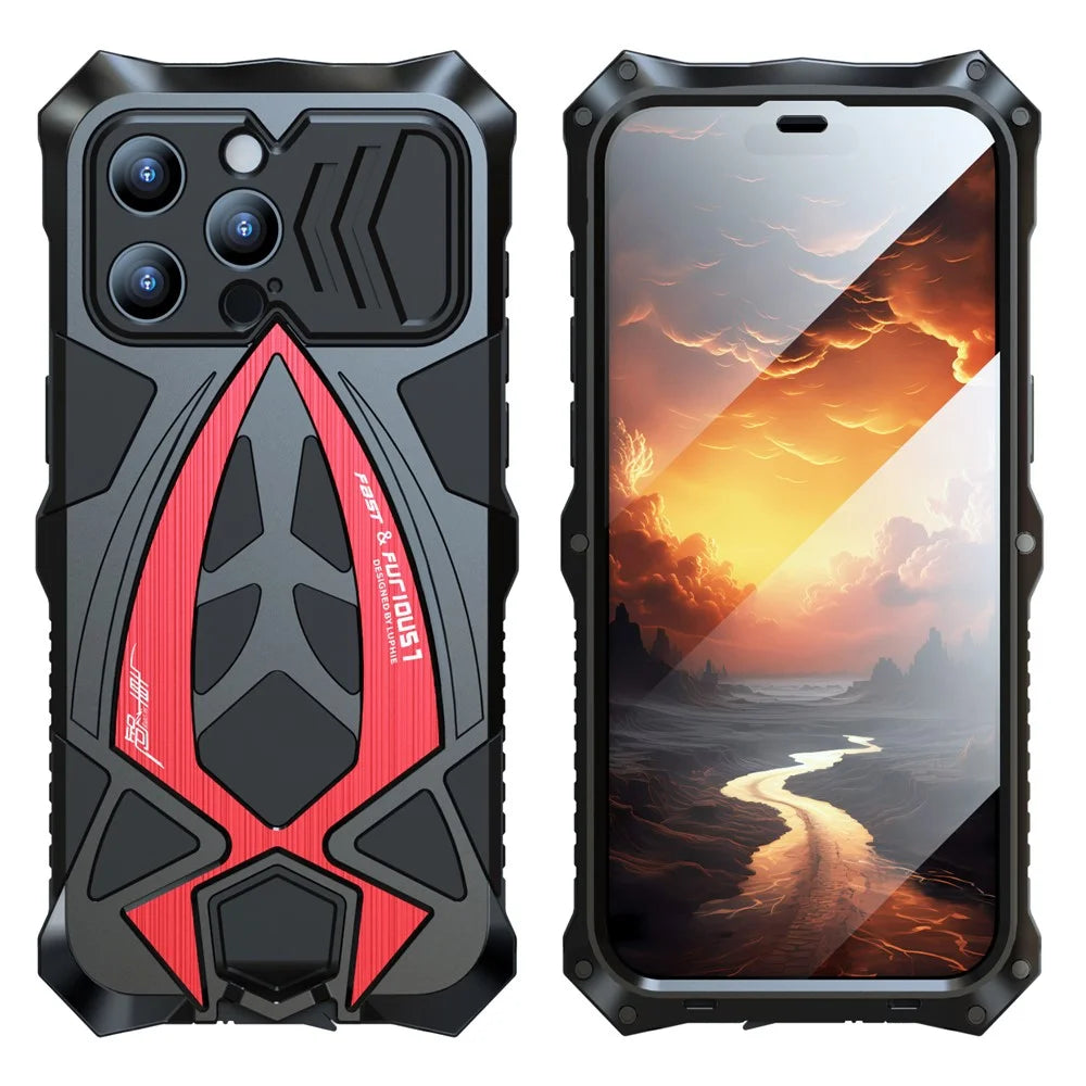 LUPHIE Shockproof Drop-proof Metal+TPU Case for iPhone 15 Pro Max Sports Car Design Cover with Screen Protector - Black  /  Red - 1