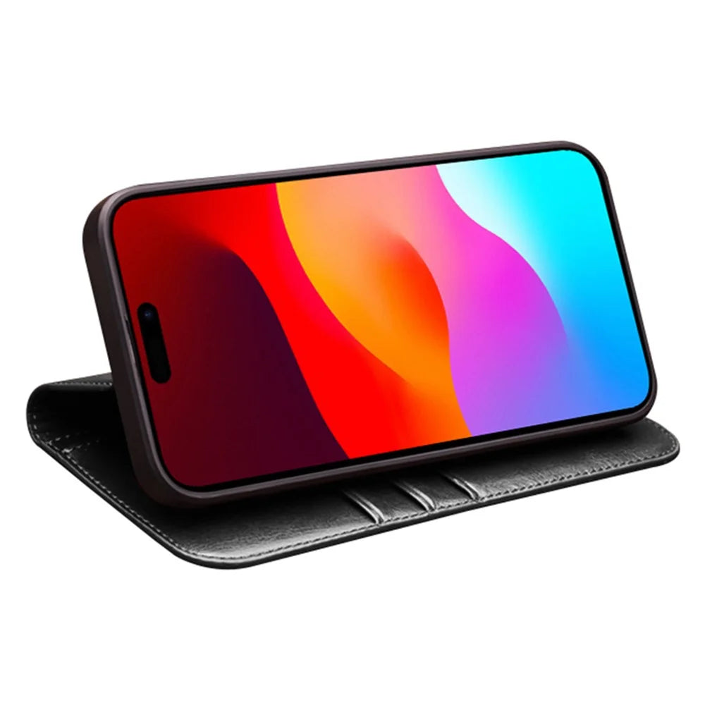 QIALINO For iPhone 15 Pro Max Genuine Leather Folio Flip Cover Wallet Stand Full Protection Phone Case - Black - 2