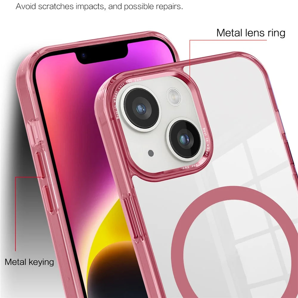 Compatible with MagSafe Phone Case for iPhone 14 , Transparent PC + TPU Magnetic Phone Cover - Pink - 5