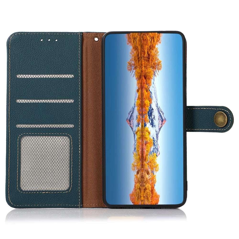 KHAZNEH Flip Case for Sony Xperia 5 V RFID Blocking Genuine Cow Leather Stand Wallet Phone Cover - Green - 2