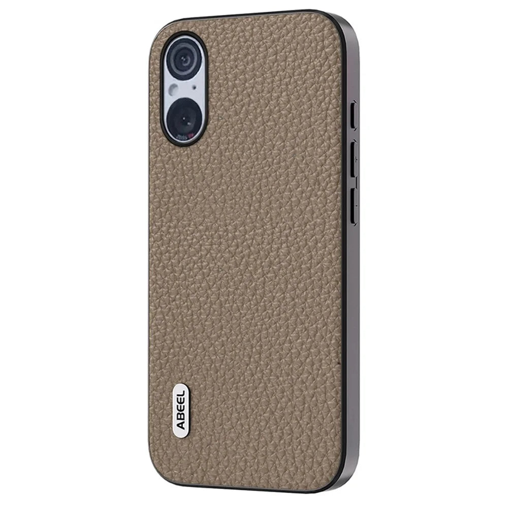 ABEEL For Sony Xperia 5 V Cowhide Leather Coated PC+TPU Phone Case Litchi Texture Phone Cover - Khaki - 1