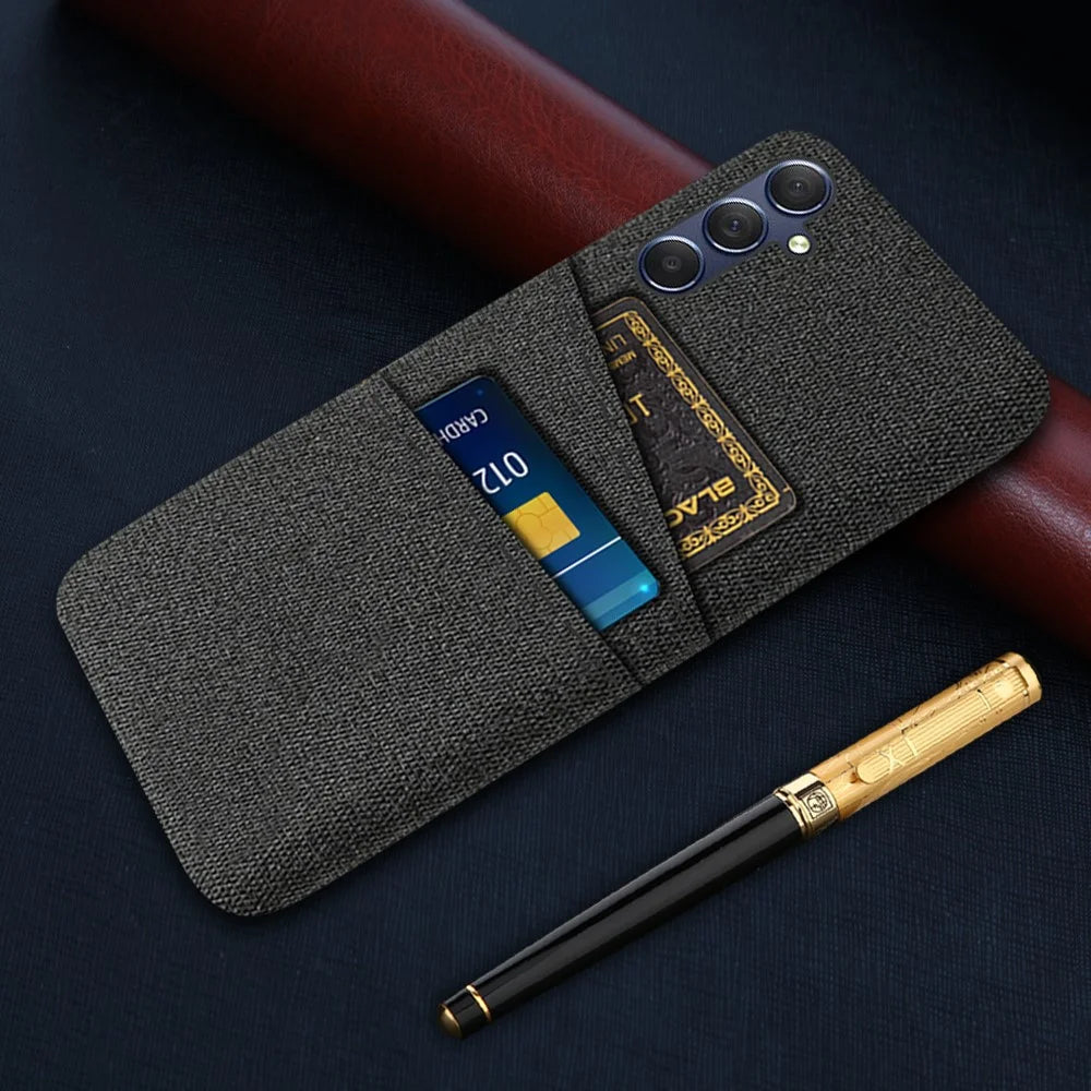 For Samsung Galaxy M34 5G / F34 5G Phone Cover Hard PC+Cloth Phone Case with Dual Card Holder - Black - 5