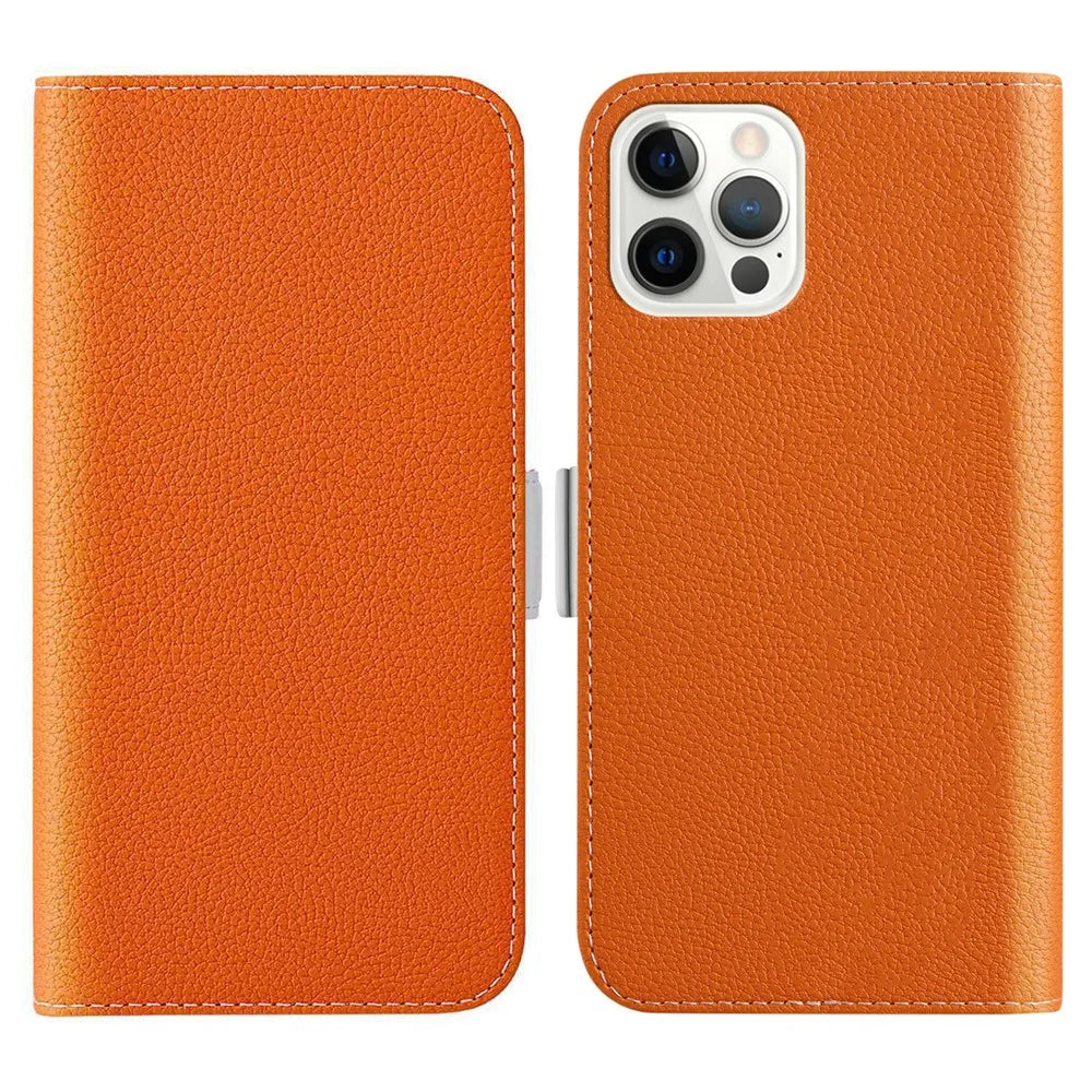 Phone Case for iPhone 15 Pro , Stand Wallet Litchi Texture Candy Color PU Leather Anti-scratch Cover - Orange - 1