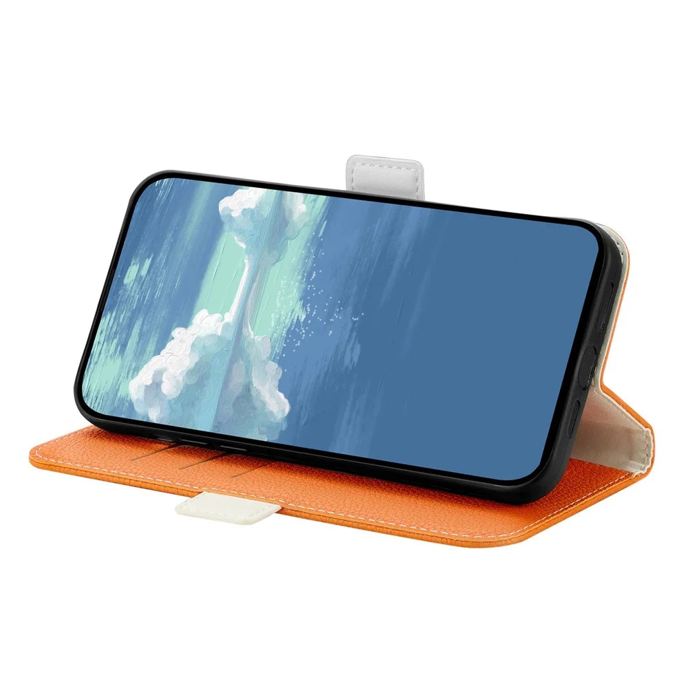 Phone Case for iPhone 15 Pro , Stand Wallet Litchi Texture Candy Color PU Leather Anti-scratch Cover - Orange - 2