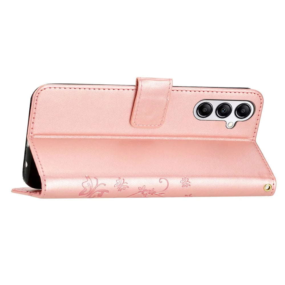 For Samsung Galaxy S23 FE Butterfly Imprint Leather Wallet Shell Anti-fall Stand Phone Case - Rose Gold - 4